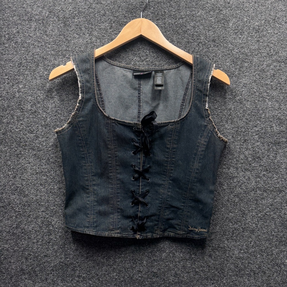 DKNY Jeans Denim Corset Top Jr 11 Blue Lace Up Ribbon Y2K Grunge Edgy Distressed